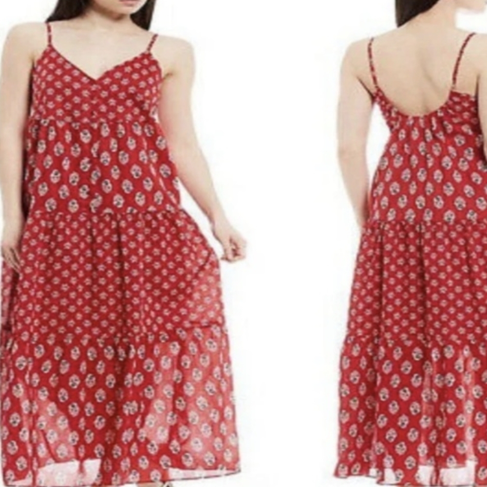A loves A Red Tiered Rose Floral Print‎ Buttom Lined Tank Midi Dress Size Large